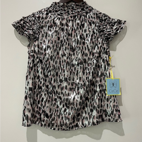 CeCe Tops - NWT CeCe Women's Animal Print Ruffle Blouse Black and Pink SZ S